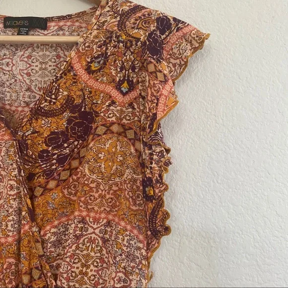 Weavers Mini Dress XS Brown Red Ruffle V-Neck Elastic Waist Festival Boho Summer - Picture 3 of 7